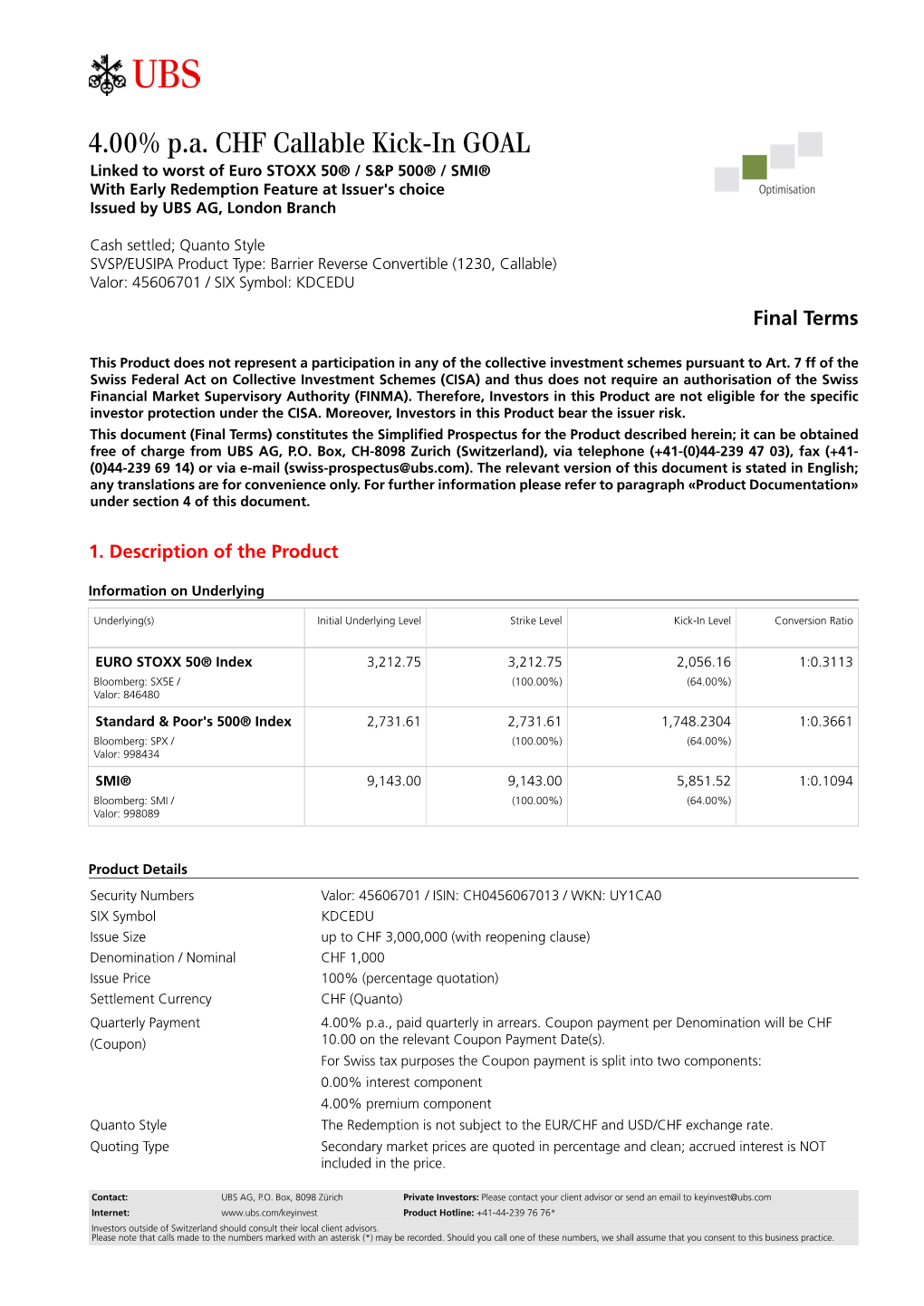 4.00% P.A. CHF Callable Kick-In GOAL