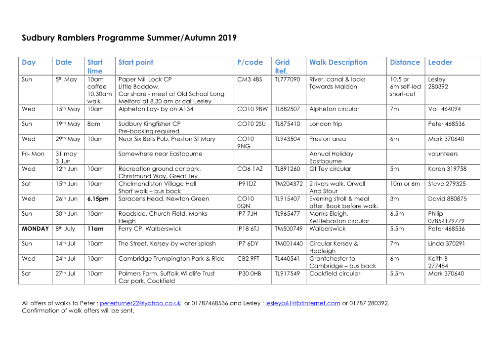 Sudbury Ramblers Programme Summer/Autumn 2019