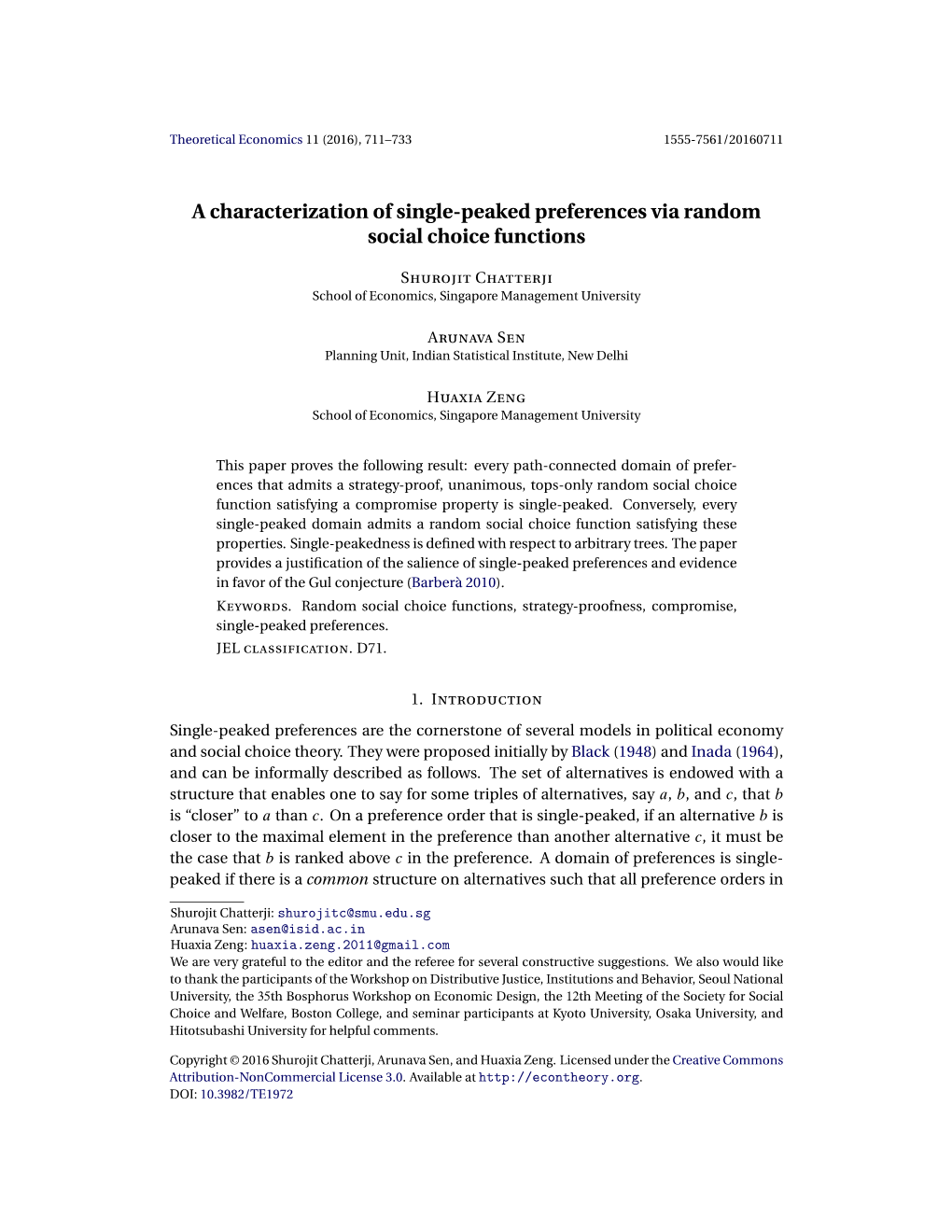 A Characterization of Single-Peaked Preferences Via Random Social Choice Functions