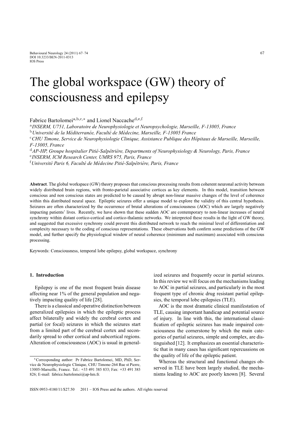 The Global Workspace (GW) Theory of Consciousness and Epilepsy