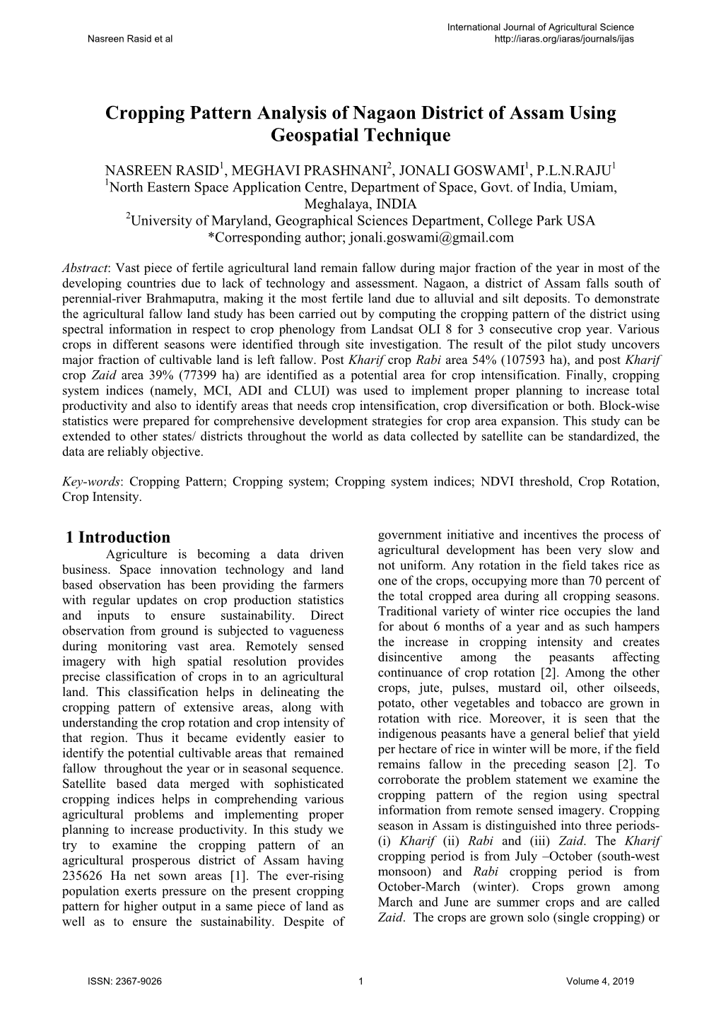 Cropping Pattern Analysis of Nagaon District of Assam Using Geospatial Technique