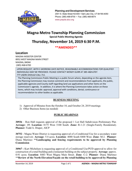 Magna Metro Township Planning Commission Special Public Meeting Agenda Thursday, November 14, 2019 6:30 P.M