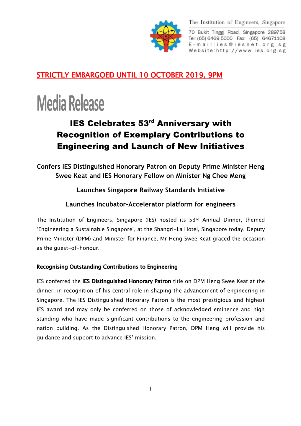 Media Release IES Celebrates 53Rd Anniversary with Recognition of Exemplary Contributions to Engineering and Launch of New Initiatives