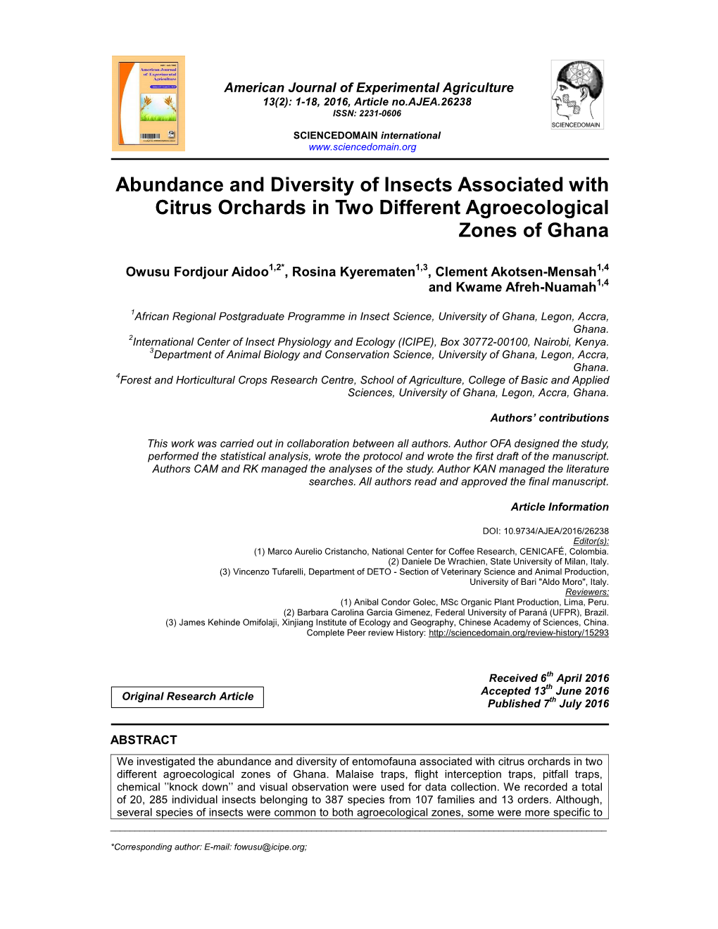 Abundance and Diversity of Insects Associated with Citrus Orchards in Two Different Agroecological Zones of Ghana
