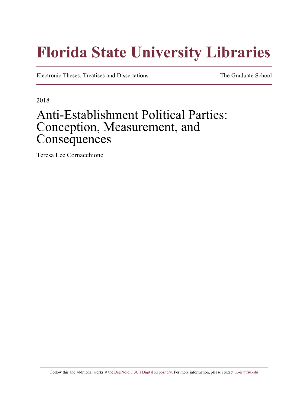 Anti-Establishment Political Parties: Conception, Measurement, and Consequences Teresa Lee Cornacchione