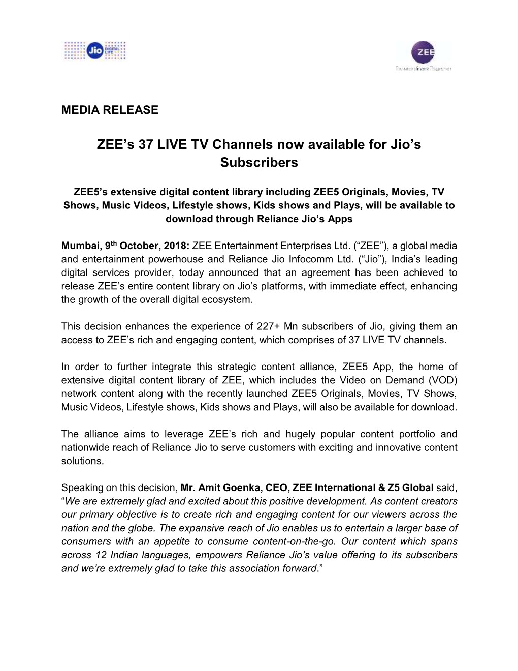 ZEE's 37 LIVE TV Channels Now Available for Jio's Subscribers
