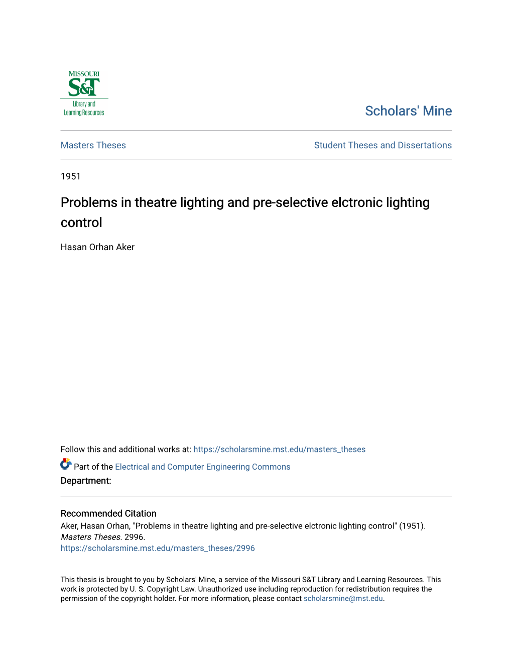 Problems in Theatre Lighting and Pre-Selective Elctronic Lighting Control