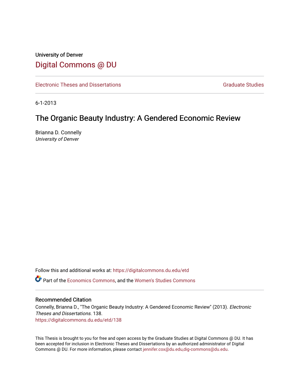 The Organic Beauty Industry: a Gendered Economic Review