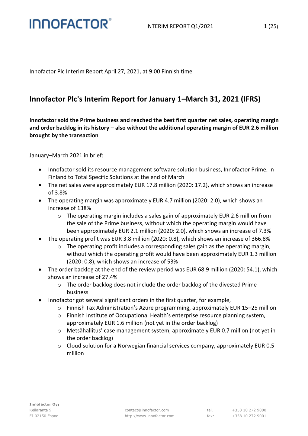 Innofactor Plc's Interim Report for January 1–March 31, 2021 (IFRS)