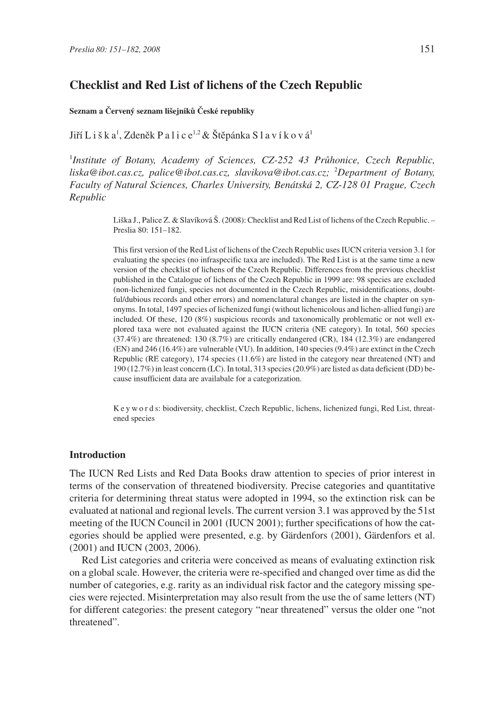 Checklist and Red List of Lichens of the Czech Republic