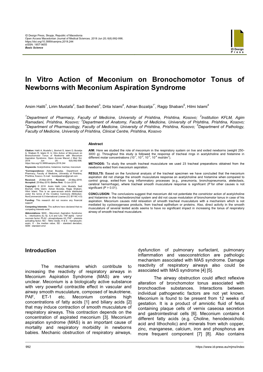 In Vitro Action of Meconium on Bronochomotor Tonus of Newborns with Meconium Aspiration Syndrome