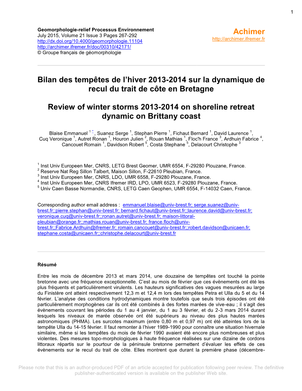 Bilan Des Tempêtes De L'hiver 2013-2014 Sur La Dynamique De