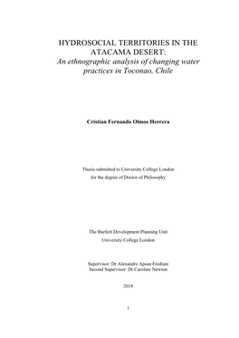 HYDROSOCIAL TERRITORIES in the ATACAMA DESERT: an Ethnographic Analysis of Changing Water Practices in Toconao, Chile