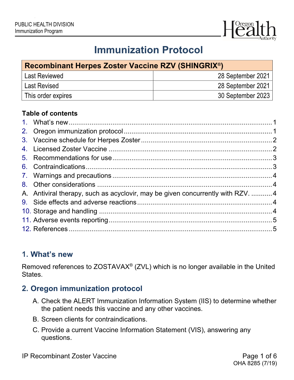 SHINGRIX®) Last Reviewed 28 September 2021 Last Revised 28 September 2021 This Order Expires 30 September 2023