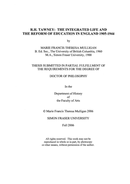 Rh Tawney: the Integrated Life and the Reform of Education in England