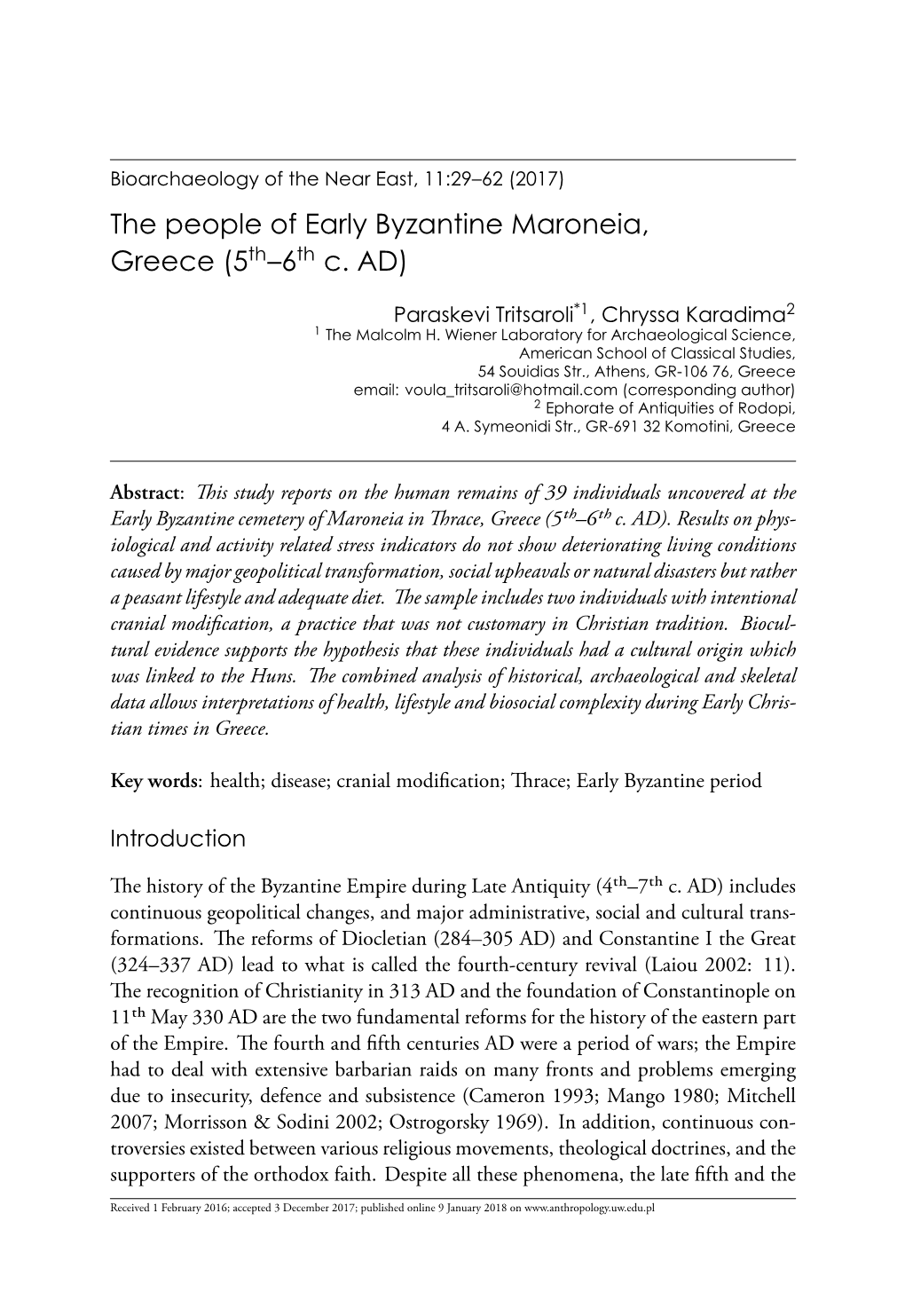 The People of Early Byzantine Maroneia, Greece (5Th-6Th C