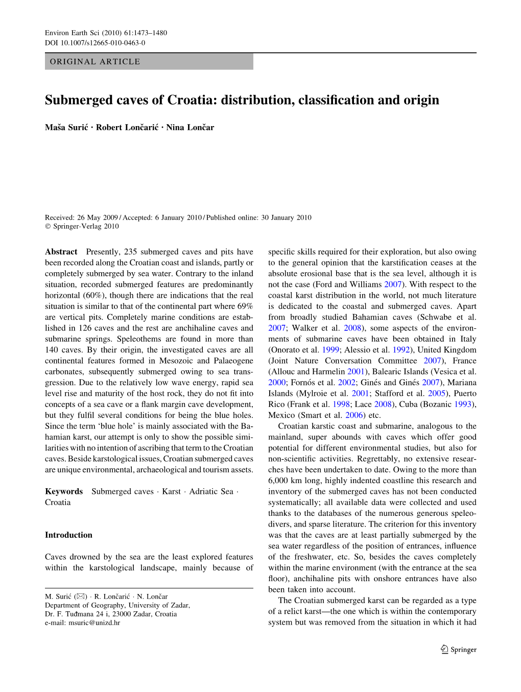 Submerged Caves of Croatia: Distribution, Classiﬁcation and Origin