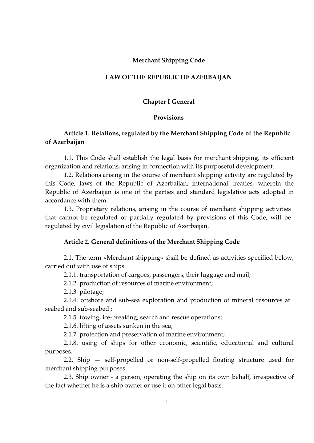 Merchant Shipping Code LAW of the REPUBLIC of AZERBAIJAN