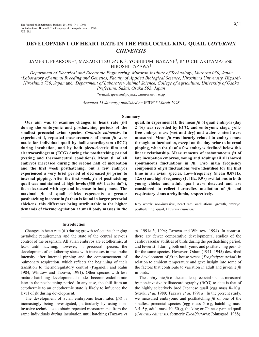 Development of Heart Rate in the Precocial King Quail Coturnix Chinensis