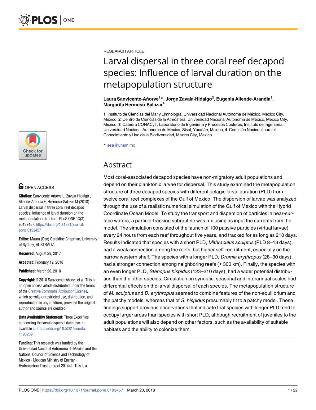 Larval Dispersal in Three Coral Reef Decapod Species: Influence of Larval Duration on the Metapopulation Structure