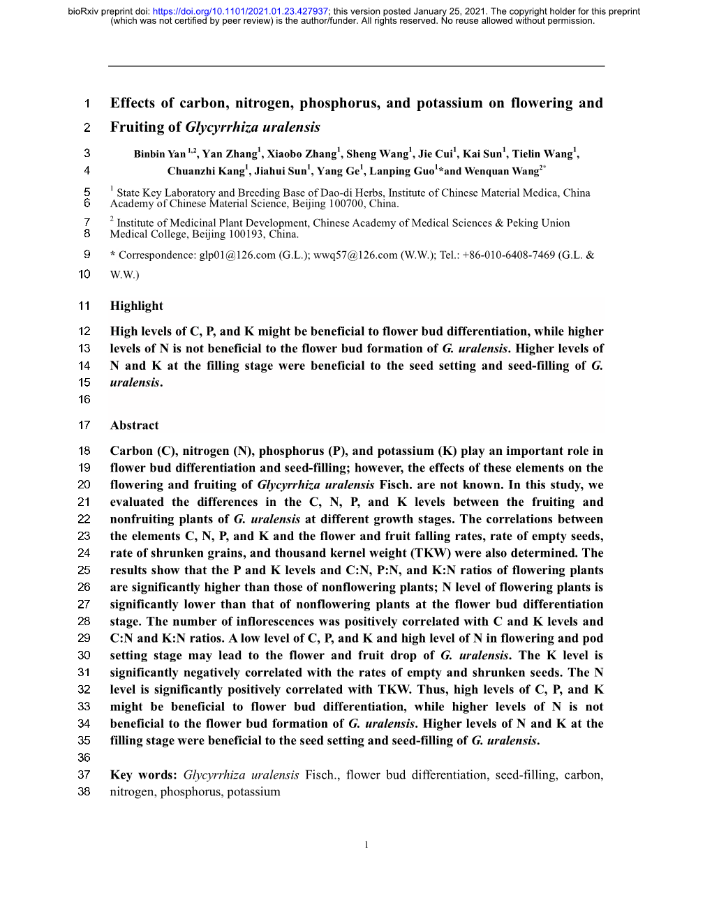 Effects of Carbon, Nitrogen, Phosphorus, and Potassium on Flowering and Fruiting of Glycyrrhiza Uralensis