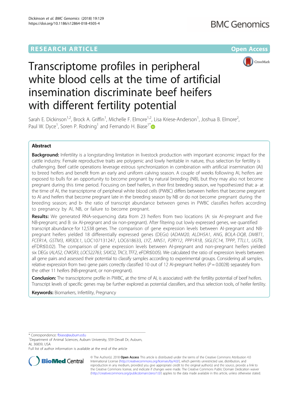 Transcriptome Profiles in Peripheral White Blood Cells at the Time of Artificial Insemination Discriminate Beef Heifers with Different Fertility Potential Sarah E