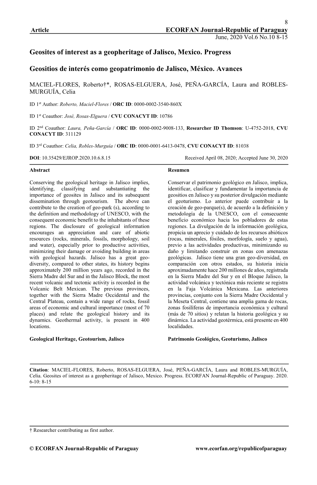 Geosites of Interest As a Geopheritage of Jalisco, Mexico. Progress