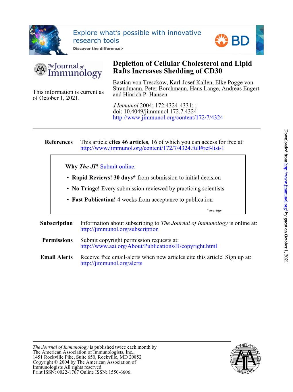 Rafts Increases Shedding of CD30 Depletion of Cellular Cholesterol