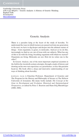 Genetic Analysis: a History of Genetic Thinking Raphael Falk Frontmatter More Information