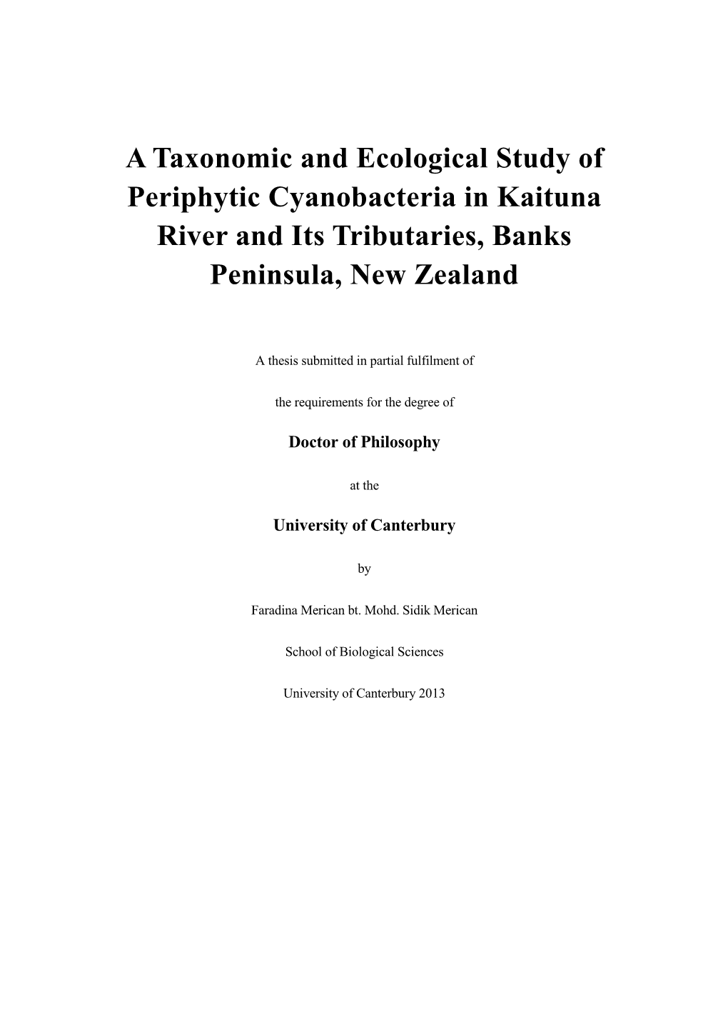 A Taxonomic and Ecological Study of Periphytic Cyanobacteria in Kaituna River and Its Tributaries, Banks Peninsula, New Zealand