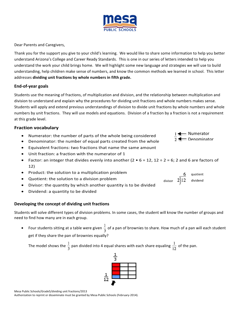 Of-‐Year Goals Fraction Vocabulary Developing the Concept of Dividing