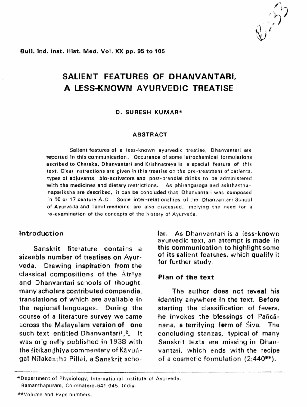 Salient Features of Dhanvantari, a Less-Known Ayurvedic Treatise