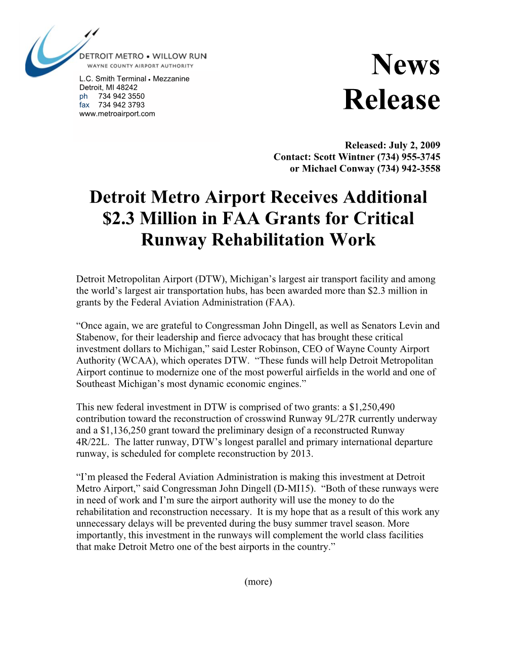 Detroit Metro Airport Receives Additional $2.3 Million in FAA Grants for Critical Runway Rehabilitation Work