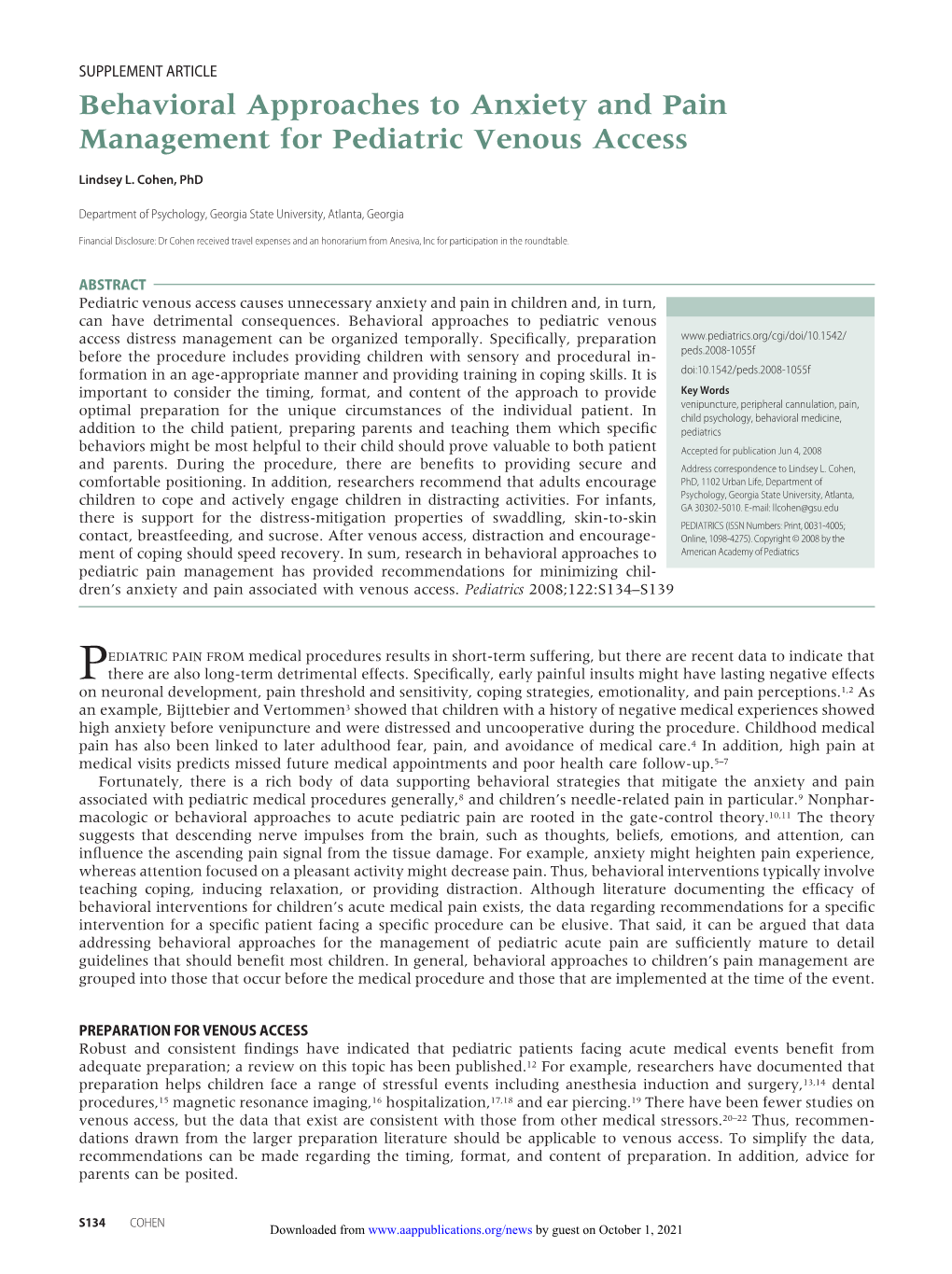 Behavioral Approaches to Anxiety and Pain Management for Pediatric Venous Access