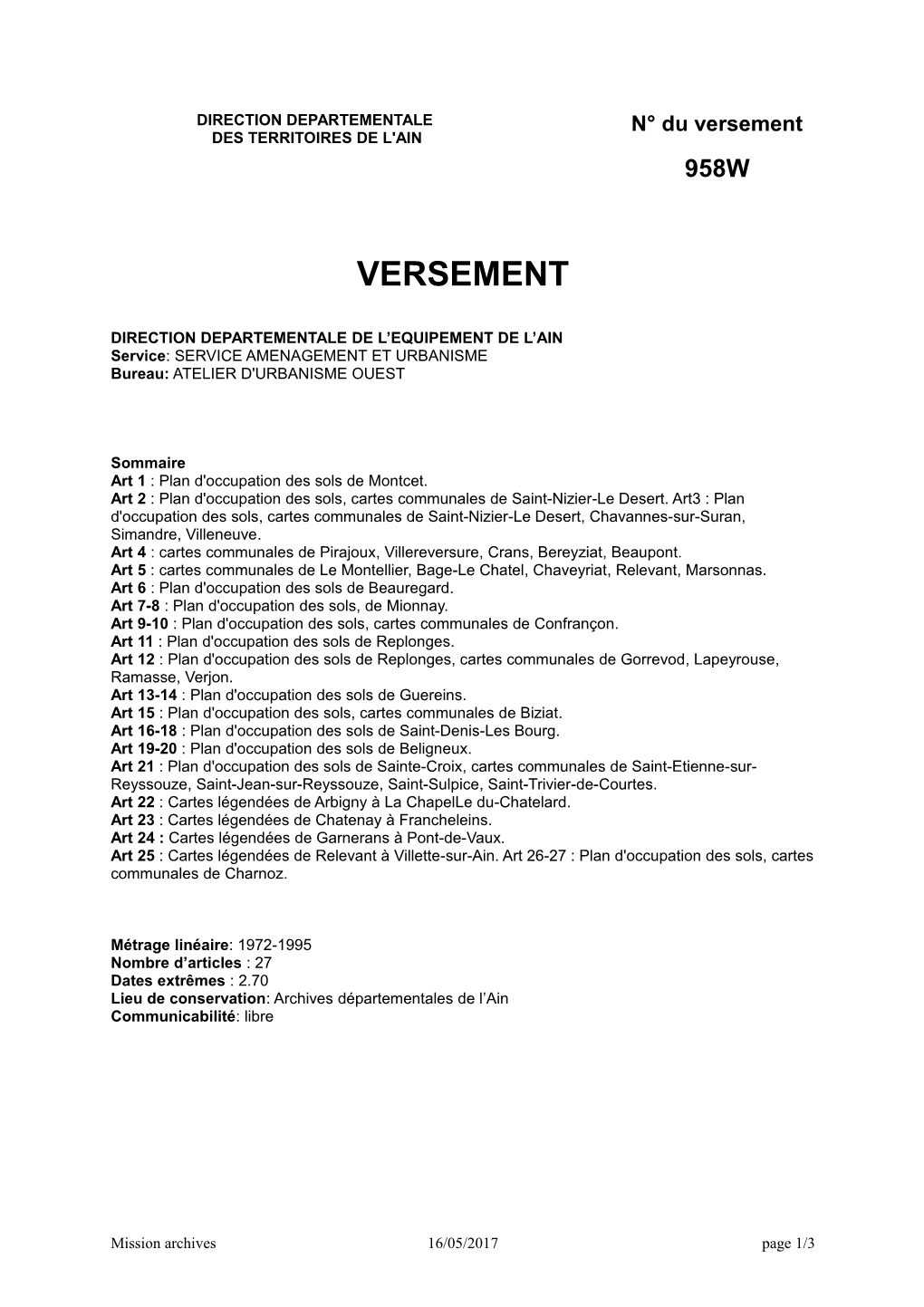 DDE Ain : Plans D'occupation Des Sols , Cartes Communales, 1972-1995