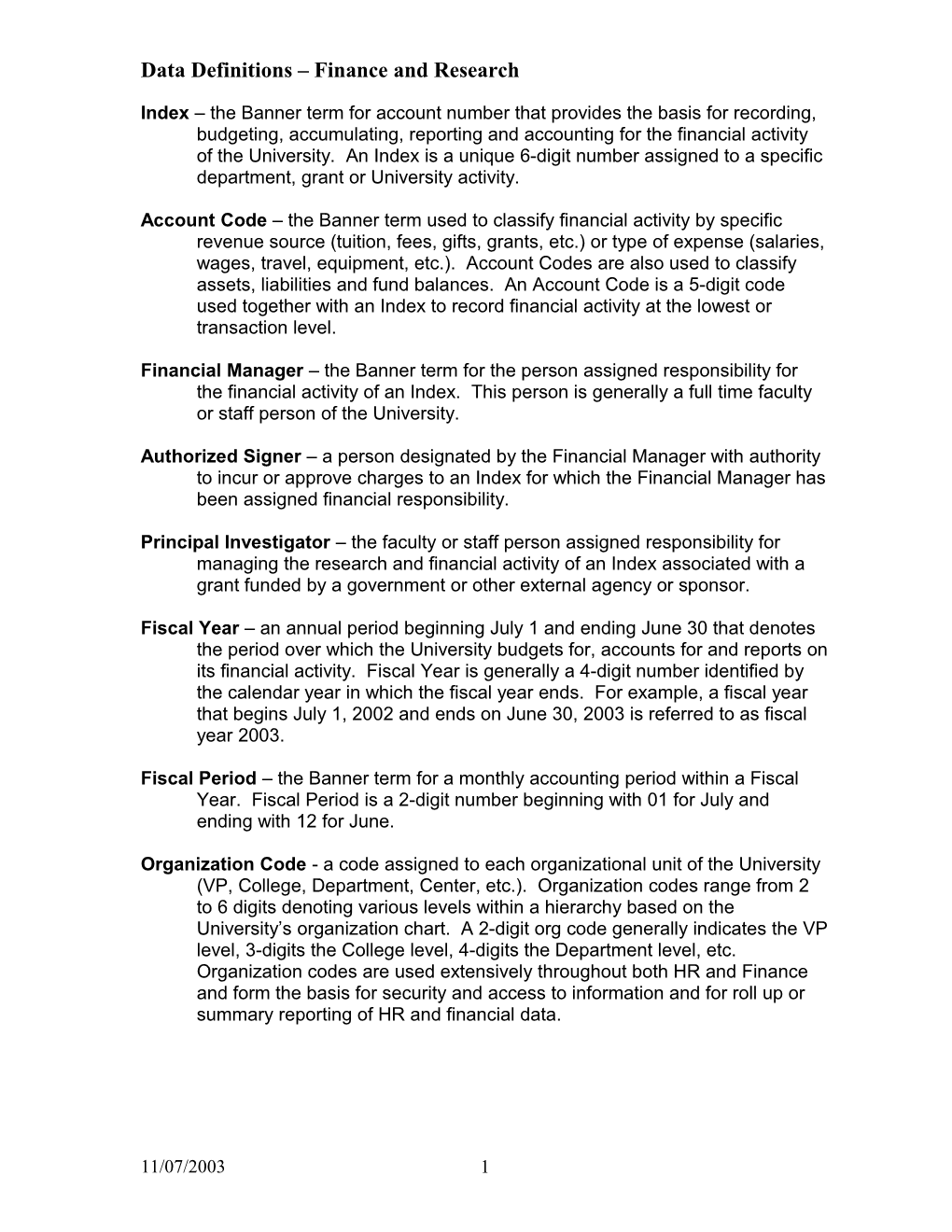 Data Definitions Finance and Research