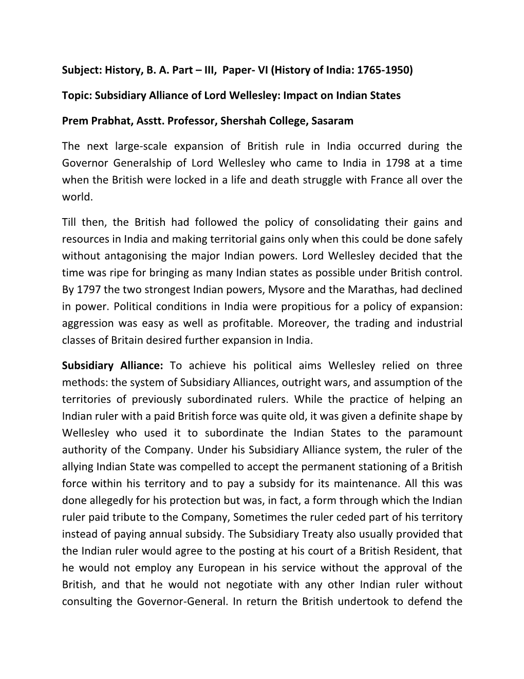 Subsidiary Alliance of Lord Wellesley: Impact on Indian States