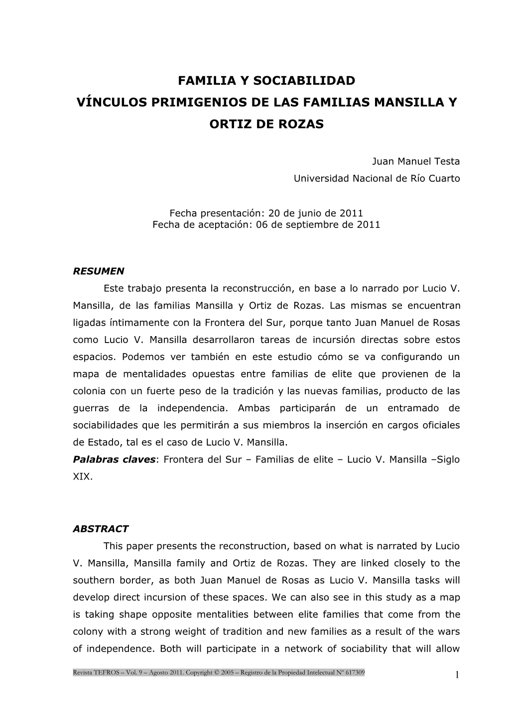 Familia Y Sociabilidad Vínculos Primigenios De Las Familias Mansilla Y Ortiz De Rozas