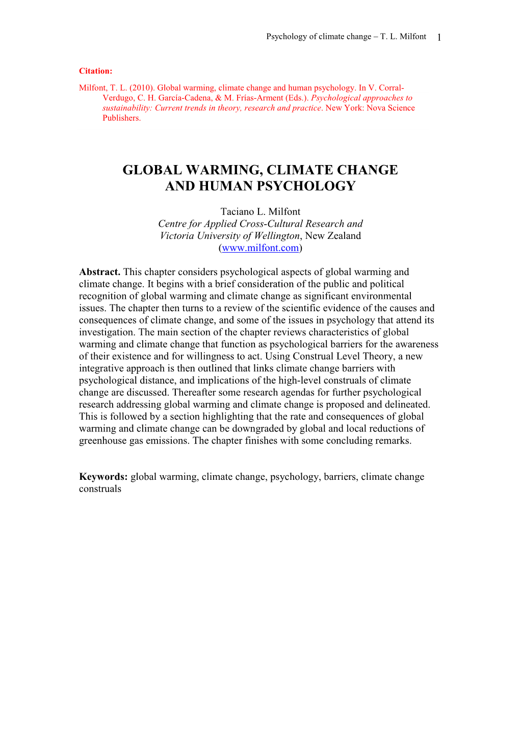 Global Warming, Climate Change and Human Psychology