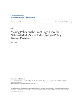 How the National Media Shape Indian Foreign Policy Toward Pakistan Sehr Taneja