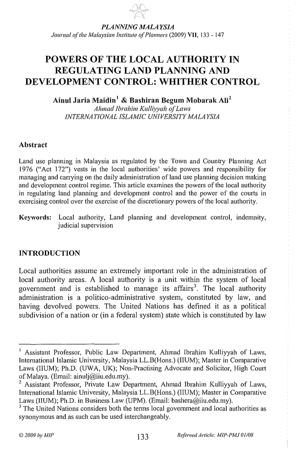 Powers of the Local Authority in Regulating Land Planning and Development Control: Whither Control