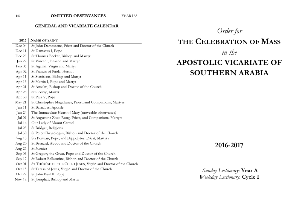 Order for in the APOSTOLIC VICARIATE of SOUTHERN ARABIA