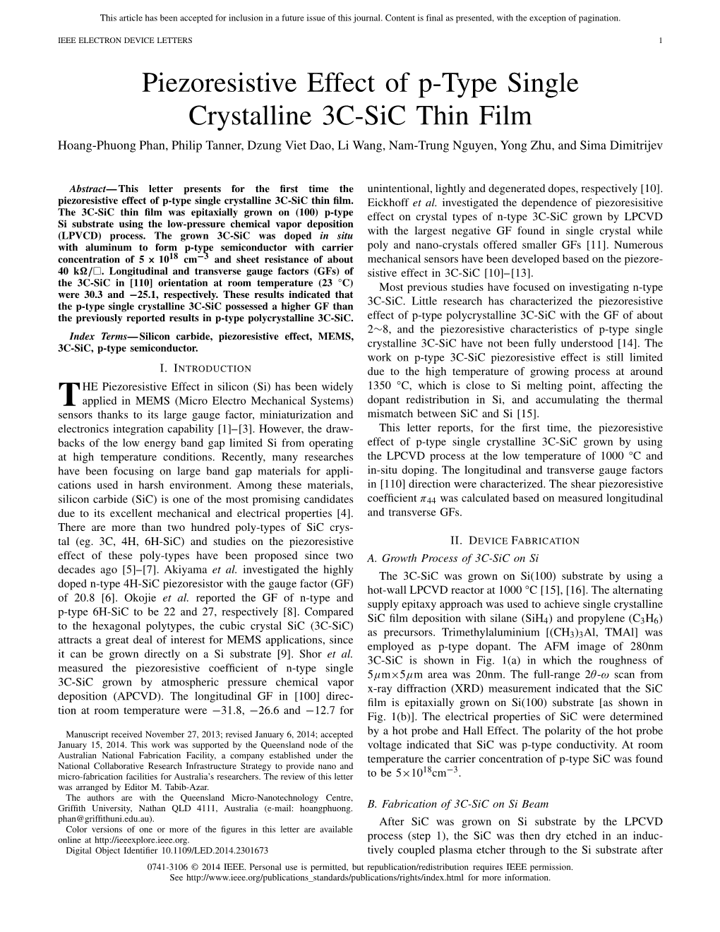 Piezoresistive Effect of P-Type Single Crystalline 3C-Sic Thin Film