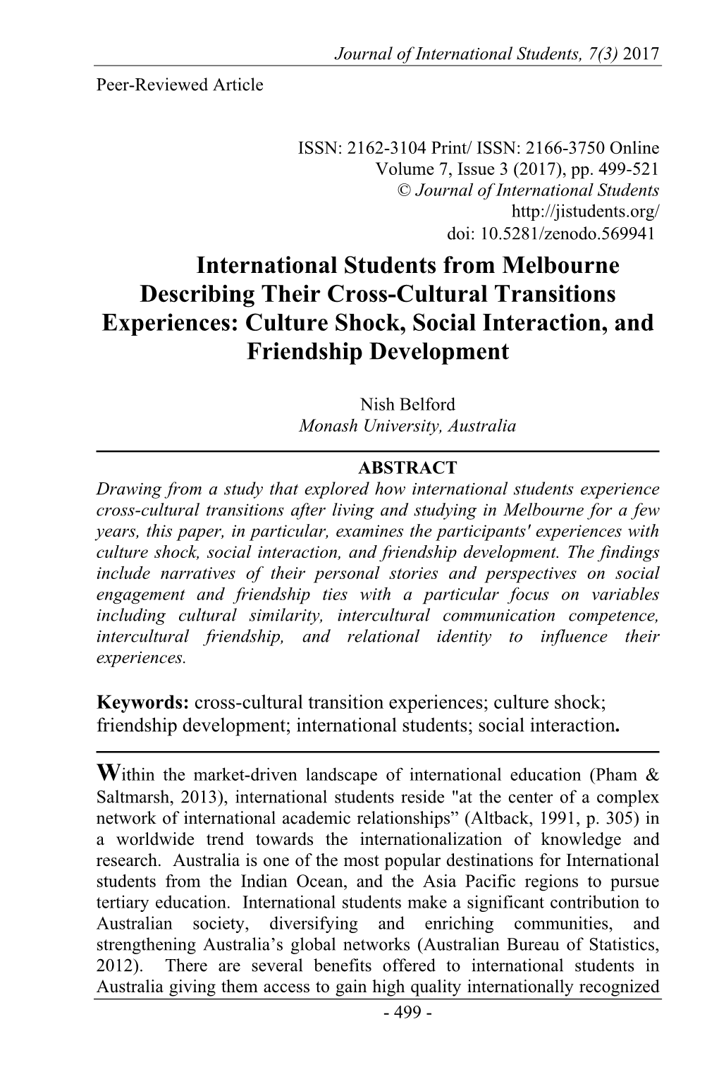 International Students from Melbourne Describing Their Cross-Cultural Transitions Experiences: Culture Shock, Social Interaction, and Friendship Development