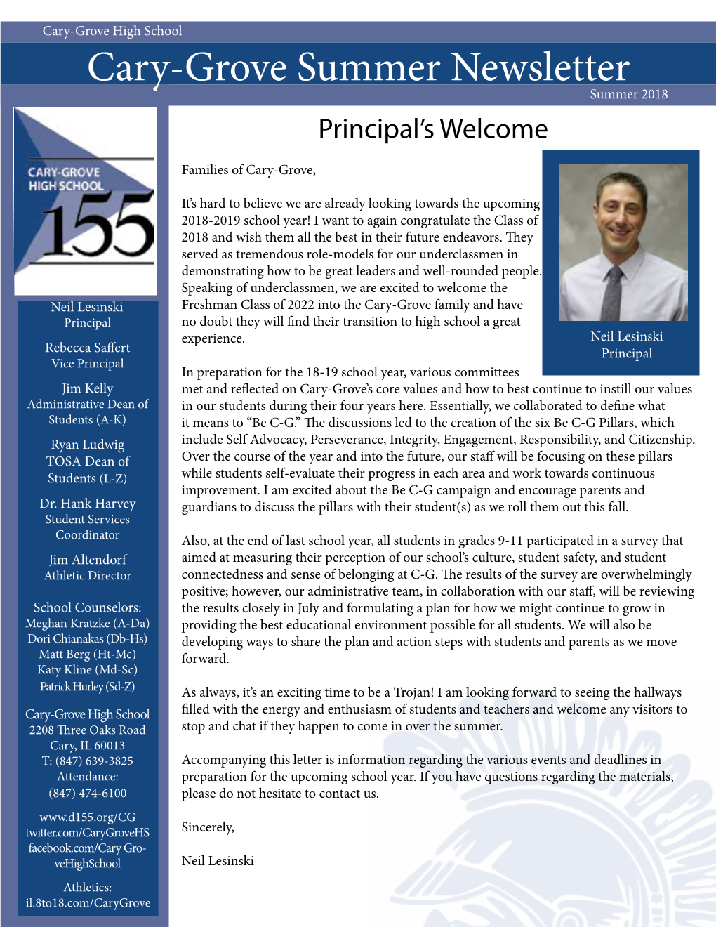 Cary-Grove Summer Newsletter Summer 2018 Principal’S Welcome