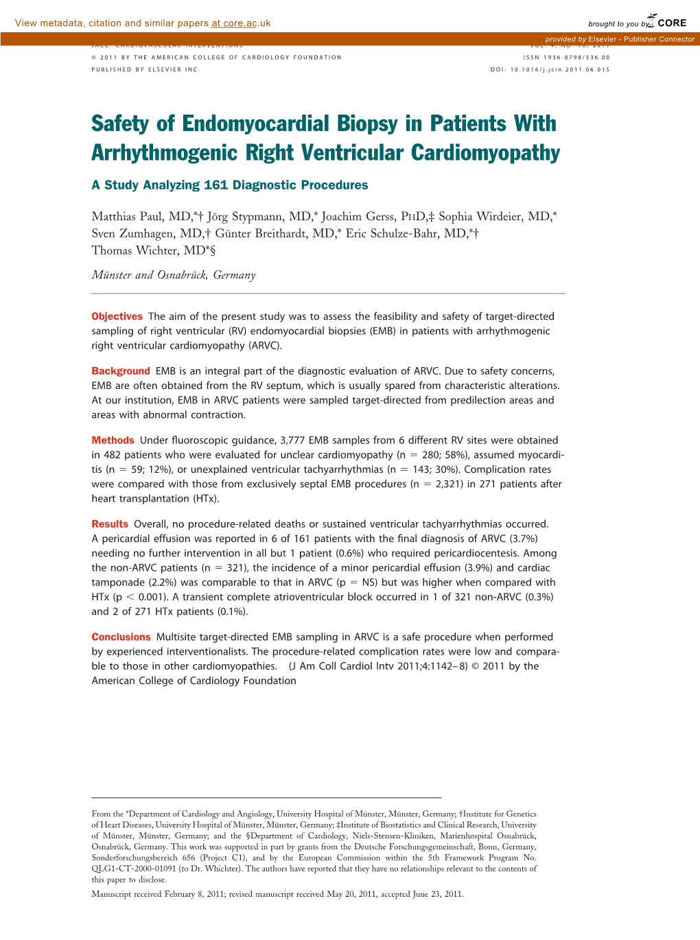 Safety of Endomyocardial Biopsy in Patients with Arrhythmogenic Right Ventricular Cardiomyopathy