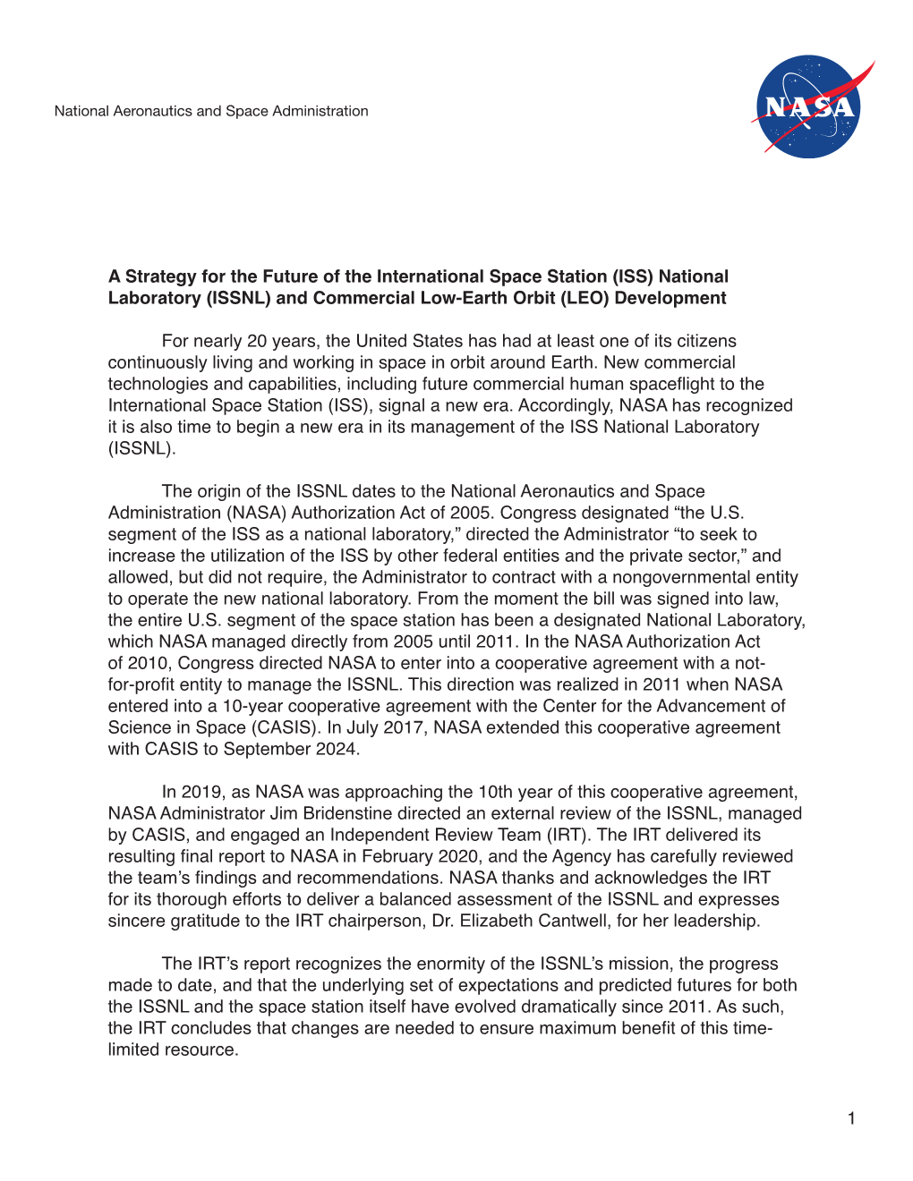 ISS) National Laboratory (ISSNL) and Commercial Low-Earth Orbit (LEO) Development