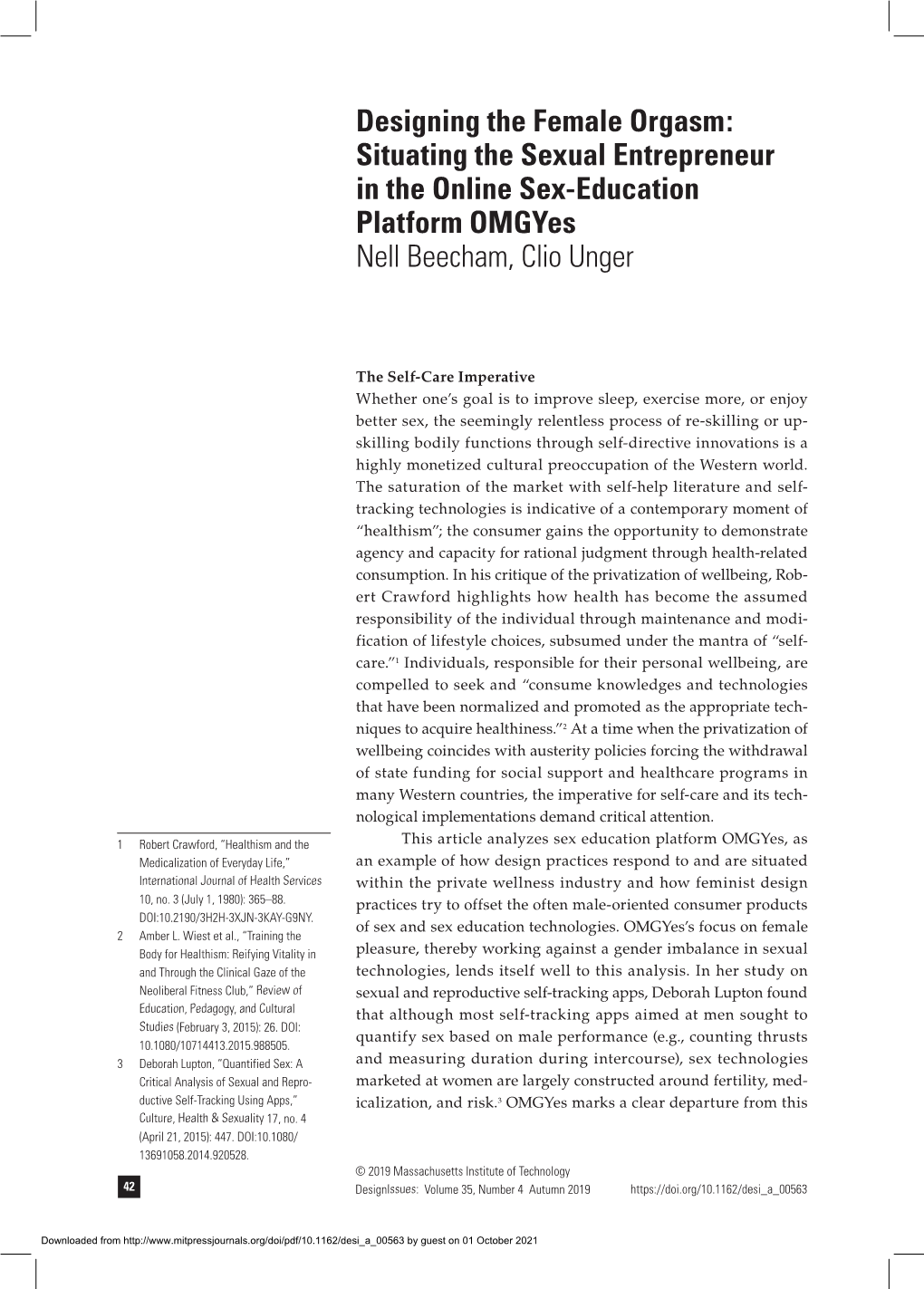 Designing the Female Orgasm: Situating the Sexual Entrepreneur in the Online Sex-Education Platform Omgyes Nell Beecham, Clio Unger