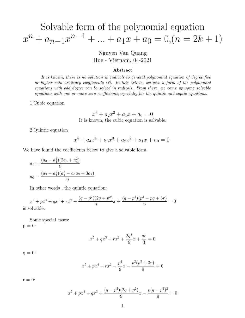 Solvable Form of the Polynomial Equation X