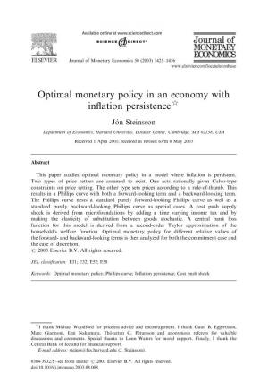 Optimal Monetary Policy in an Economy with Inflation Persistence